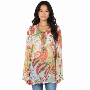 HELEN WELSH 100% Silk stunning colorful sheer blouse w/beaded collar Medium NWOT